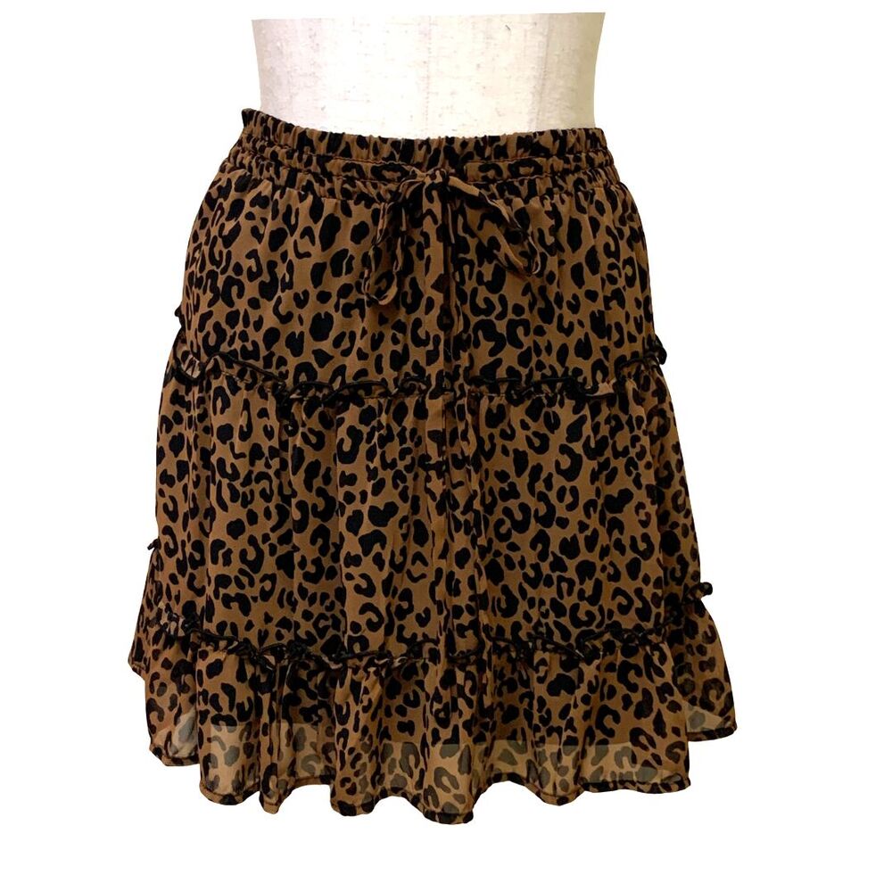 Sienna Sky Leopard Print Tiered Ruffle Mini Skirt Brown Black Size S